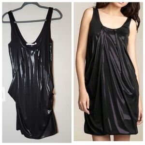 DVF Black Shiny Liquid Jersey Drape Slouchy Sleeveless Mini Lesley Dress Size 8
